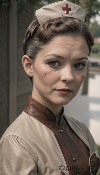 1girl,solo,looking at viewer,short hair,brown hair,black hair,hat,closed mouth,upper body,outdoors,parted lips,blurry,black eyes,lips,grey eyes,buttons,blurry background,freckles,realistic,nose,nurse cap,nurse,blood,cross,portrait,blood on face