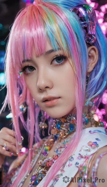 1girl,solo,long hair,looking at viewer,bangs,hair ornament,jewelry,blue hair,upper body,pink hair,multicolored hair,earrings,parted lips,blunt bangs,necklace,nail polish,blurry,black eyes,two-tone hair,lips,grey eyes,makeup,depth of field,blurry background,ring,gem,portrait,pink nails,realistic,nose,blue eyes,bracelet,fingernails,eyelashes,watermark,nail art