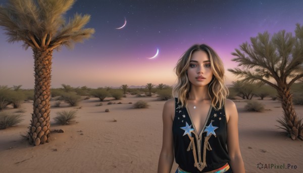 1girl,solo,long hair,breasts,looking at viewer,blonde hair,brown hair,black hair,cleavage,bare shoulders,brown eyes,collarbone,upper body,multicolored hair,outdoors,sky,sleeveless,dark skin,star (symbol),dark-skinned female,tree,lips,night,moon,star (sky),night sky,starry sky,realistic,palm tree,star print,crescent moon,desert,dress,medium breasts,wavy hair,grass