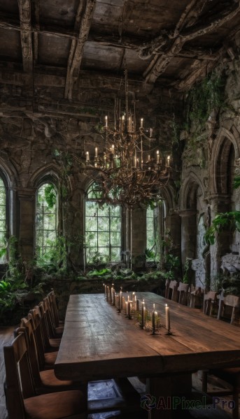 day,indoors,tree,no humans,window,chain,chair,table,sunlight,plant,scenery,light rays,stairs,fantasy,candle,ruins,vines,pillar,arch,candlestand,chandelier,overgrown,wooden chair,fire,wooden floor,flame