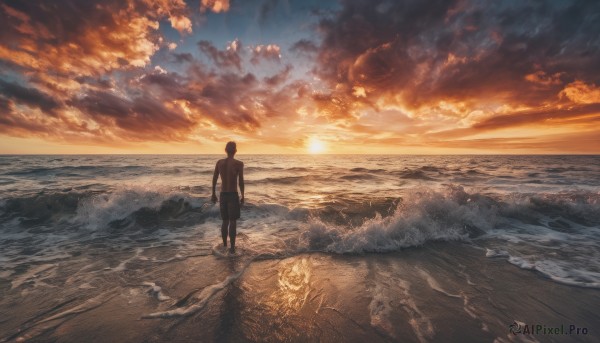 solo, 1boy, male focus, outdoors, sky, cloud, water, from behind, ocean, beach, cloudy sky, scenery, sunset, sand, sun, horizon, waves, footprints