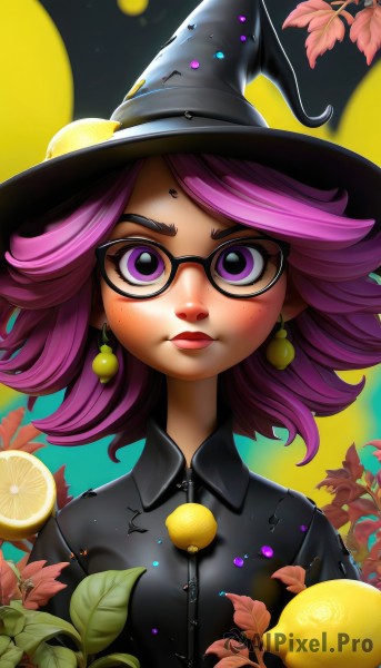 1girl,solo,looking at viewer,short hair,bangs,shirt,hat,jewelry,closed mouth,purple eyes,upper body,pink hair,purple hair,flower,earrings,food,glasses,collared shirt,artist name,medium hair,lips,black shirt,black headwear,makeup,witch hat,buttons,fruit,glowing,leaf,lipstick,freckles,black-framed eyewear,witch,lemon,food-themed earrings,eyelashes,watermark,web address,zipper,nose,deviantart username