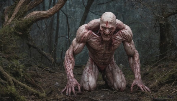 solo,looking at viewer,1boy,navel,full body,male focus,nude,outdoors,tree,pubic hair,completely nude,kneeling,blood,muscular,facial hair,abs,pectorals,muscular male,nature,beard,forest,veins,monster,blood on face,realistic,bald,old,old man,horror (theme),teeth