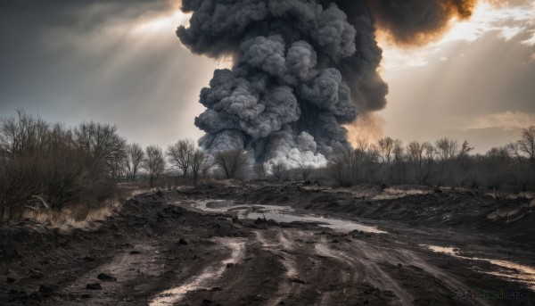 outdoors,sky,day,cloud,water,tree,no humans,sunlight,cloudy sky,grass,fire,nature,scenery,forest,smoke,light rays,rock,sunbeam,landscape,burning,monochrome