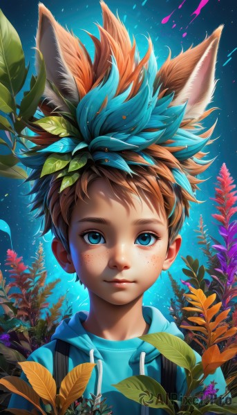 solo,looking at viewer,smile,short hair,blue eyes,brown hair,1boy,animal ears,closed mouth,blue hair,upper body,flower,male focus,multicolored hair,artist name,hood,two-tone hair,lips,fox ears,hoodie,leaf,watermark,blue background,hood down,plant,child,portrait,extra ears,freckles,nose,drawstring,male child,blue hoodie,fox boy,blue shirt,spiked hair,star (sky)