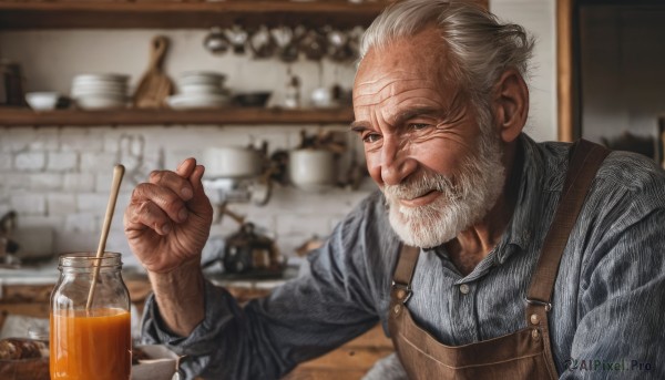 solo,blue eyes,shirt,long sleeves,1boy,upper body,white hair,grey hair,male focus,food,collared shirt,indoors,hand up,blurry,apron,cup,depth of field,blurry background,facial hair,scar,table,blue shirt,beard,scar on face,drinking glass,ice,drinking straw,striped shirt,realistic,mustache,drink,glass,overalls,old,old man,ice cube,wrinkled skin,looking at viewer,smile,closed mouth,striped,signature,lips,grey eyes,dress shirt,buttons,bottle,veins,nose,manly,bread,kitchen,jar,counter