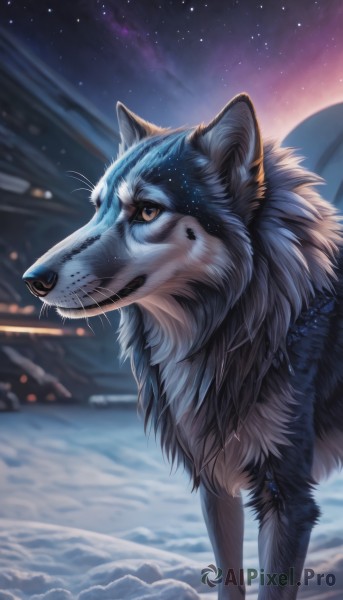 solo,brown eyes,closed mouth,outdoors,sky,signature,blurry,no humans,night,blurry background,animal,looking up,star (sky),night sky,snow,starry sky,mountain,realistic,animal focus,wolf,whiskers,aurora,pokemon (creature),watermark,web address,snowing