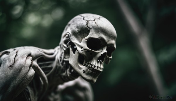 solo,1boy,monochrome,upper body,male focus,teeth,blurry,no humans,blurry background,clenched hand,skull,bald,skeleton,bone,depth of field,sunlight,green theme