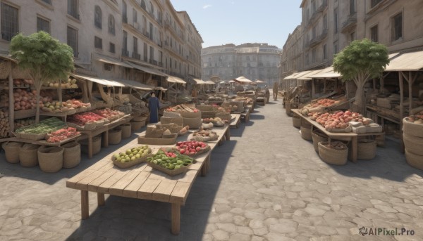 outdoors,food,sky,day,tree,blue sky,no humans,window,fruit,shadow,chair,table,plant,building,scenery,city,basket,road,house,bread,street,meat,vegetable,town,pavement,cloud,apple,potted plant,cityscape,grapes,barrel,crate