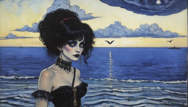 1girl,solo,breasts,looking at viewer,blush,bangs,black hair,dress,cleavage,bare shoulders,jewelry,medium breasts,collarbone,upper body,ponytail,earrings,outdoors,sky,choker,cloud,water,black eyes,black dress,lips,strapless,makeup,colored skin,bird,ocean,black choker,beach,moon,cloudy sky,lipstick,between breasts,pale skin,strapless dress,eyeshadow,curly hair,horizon,watercraft,grey skin,arm garter,waves,boat,gothic,seagull,black lips,lighthouse,lace choker,short hair,yellow eyes,piercing,lolita fashion,gothic lolita