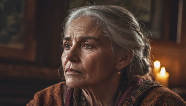 1girl,solo,long hair,1boy,jewelry,closed mouth,braid,white hair,grey hair,male focus,earrings,indoors,blurry,lips,grey eyes,depth of field,blurry background,looking away,looking up,portrait,realistic,nose,old,old man,old woman,wrinkled skin,scar,light,looking afar