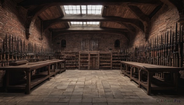 day,indoors,book,no humans,window,chair,table,sunlight,scenery,light rays,stairs,bookshelf,tiles,candle,tile floor,library,ceiling,chandelier,sword,wooden floor,fantasy,railing,wall,ruins,brick wall,pillar,candlestand,stone floor,stone wall,fireplace