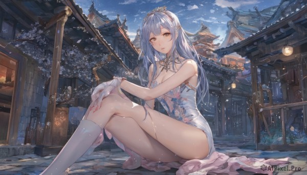 1girl,solo,long hair,breasts,looking at viewer,bangs,hair ornament,gloves,dress,cleavage,bare shoulders,brown eyes,jewelry,medium breasts,sitting,closed mouth,blue hair,yellow eyes,thighs,outdoors,sky,sleeveless,socks,cloud,white gloves,white dress,kneehighs,bare arms,dutch angle,sleeveless dress,feet out of frame,chinese clothes,floral print,crossed legs,tiara,white socks,building,china dress,lantern,architecture,east asian architecture,sidelocks,parted lips,day,blue sky,lips,petals,cloudy sky,cherry blossoms,on floor,hand on own knee