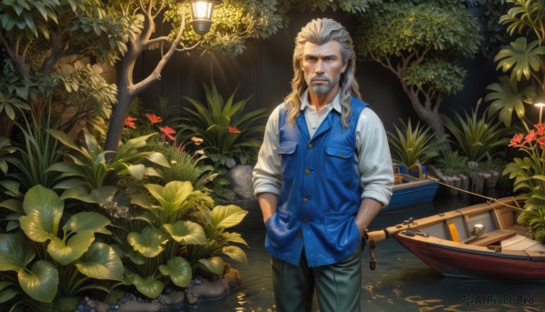 solo,long hair,looking at viewer,blonde hair,shirt,long sleeves,1boy,brown eyes,standing,white shirt,white hair,grey hair,male focus,cowboy shot,outdoors,collared shirt,pants,signature,water,vest,tree,buttons,facial hair,leaf,black pants,plant,nature,beard,sleeves rolled up,pocket,lantern,hands in pockets,lamp,watercraft,blue vest,boat,flower,teeth,lips,dress shirt,night,watermark,scar,blue shirt,denim,curly hair,realistic,mustache,log