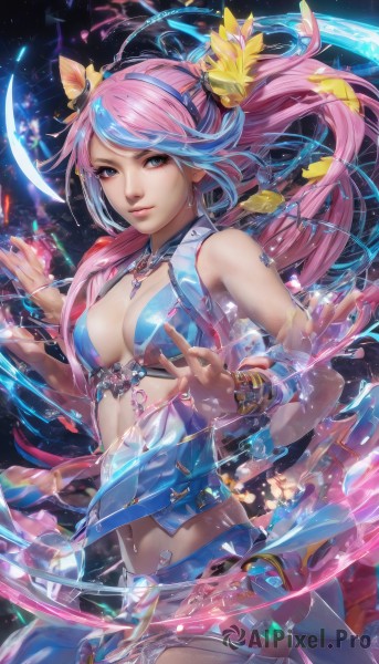 1girl,solo,long hair,breasts,looking at viewer,smile,bangs,blue eyes,hair ornament,thighhighs,navel,cleavage,bare shoulders,twintails,jewelry,medium breasts,blue hair,pink hair,flower,multicolored hair,cowboy shot,sleeveless,midriff,hair flower,necklace,nail polish,bracelet,two-tone hair,lips,fingernails,blue nails,nose,hairband,earrings,water,watermark,web address,realistic