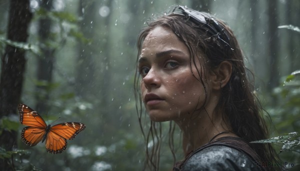 A butterfly amidst a calm rainy outdoors
