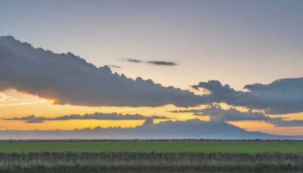 outdoors,sky,cloud,tree,no humans,cloudy sky,grass,nature,scenery,forest,sunset,field,twilight,landscape,gradient sky,orange sky,blue sky,mountain,sun