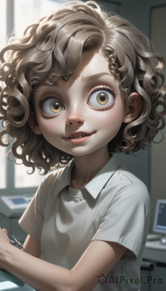 1girl,solo,looking at viewer,smile,short hair,brown hair,shirt,holding,brown eyes,yellow eyes,white shirt,upper body,short sleeves,parted lips,teeth,collared shirt,indoors,medium hair,blurry,lips,depth of field,blurry background,wavy hair,child,freckles,curly hair,female child,eyelashes,messy hair,realistic,nose