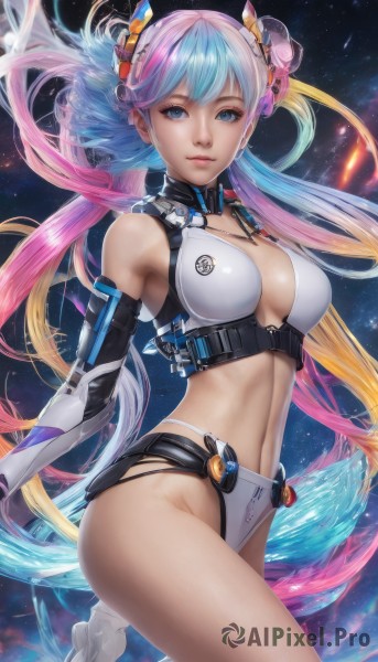 1girl,solo,long hair,breasts,looking at viewer,smile,bangs,blue eyes,blonde hair,large breasts,hair ornament,gloves,navel,cleavage,bare shoulders,twintails,medium breasts,very long hair,underwear,blue hair,panties,pink hair,multicolored hair,cowboy shot,parted lips,elbow gloves,midriff,artist name,two-tone hair,lips,double bun,gradient hair,floating hair,headgear,watermark,revealing clothes,web address,realistic,nose,rainbow hair,swimsuit,bikini,science fiction,space