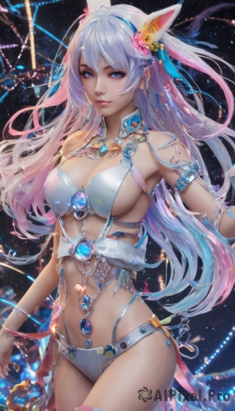 1girl,solo,long hair,breasts,looking at viewer,smile,bangs,blue eyes,large breasts,hair ornament,navel,animal ears,cleavage,hair between eyes,bare shoulders,jewelry,medium breasts,closed mouth,blue hair,standing,purple eyes,swimsuit,pink hair,flower,bikini,multicolored hair,cowboy shot,hairband,earrings,hair flower,necklace,bracelet,lips,sideboob,gradient hair,white bikini,gem,revealing clothes,armlet,realistic,nose,white hair