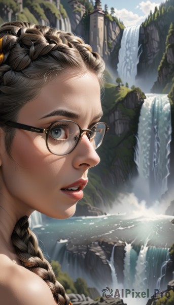 1girl,solo,long hair,looking at viewer,blue eyes,brown hair,bare shoulders,braid,outdoors,parted lips,sky,glasses,teeth,day,artist name,cloud,water,from side,blue sky,lips,eyelashes,single braid,watermark,sunlight,portrait,hair over shoulder,web address,close-up,freckles,black-framed eyewear,realistic,nose,round eyewear,castle,waterfall,brown-framed eyewear,grey hair,scenery,river