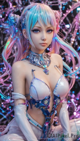 1girl,solo,long hair,breasts,looking at viewer,bangs,blue eyes,large breasts,hair ornament,thighhighs,gloves,navel,cleavage,bare shoulders,twintails,jewelry,medium breasts,sitting,closed mouth,blue hair,pink hair,multicolored hair,hairband,earrings,detached sleeves,elbow gloves,shiny,white gloves,necklace,hair bun,blurry,collar,two-tone hair,lips,see-through,double bun,aqua hair,gradient hair,detached collar,depth of field,blurry background,gem,revealing clothes,realistic,nose,science fiction,cable