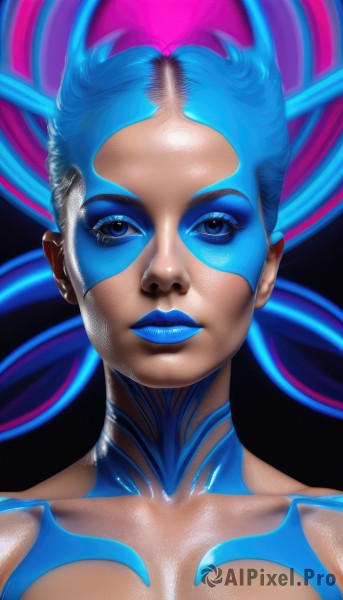 1girl,solo,looking at viewer,short hair,blue eyes,blue hair,collarbone,upper body,lips,eyelashes,makeup,watermark,lipstick,portrait,eyeshadow,nose,blue lips,long hair,multicolored hair,shiny,mask,realistic,glowing hair