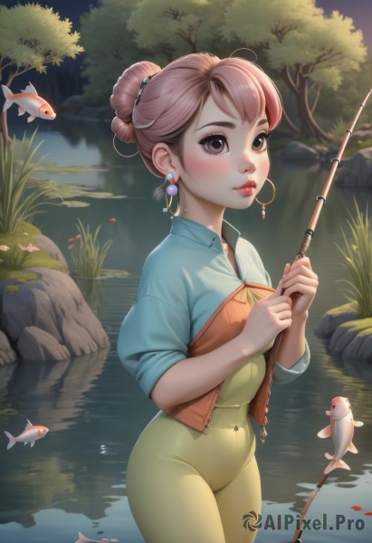 1girl,solo,looking at viewer,blush,short hair,brown hair,shirt,holding,brown eyes,jewelry,closed mouth,standing,pink hair,cowboy shot,earrings,outdoors,pants,artist name,water,hair bun,vest,tree,lips,covered navel,makeup,night,animal,single hair bun,blue shirt,lipstick,nature,wading,freckles,fish,hoop earrings,rock,red lips,river,lake,fishing rod,pond,fishing,fishing line,breasts,bangs,dress,jacket,parted lips,open clothes,open jacket,bodysuit,watermark,grass,skin tight,web address,cropped jacket,nose,stream