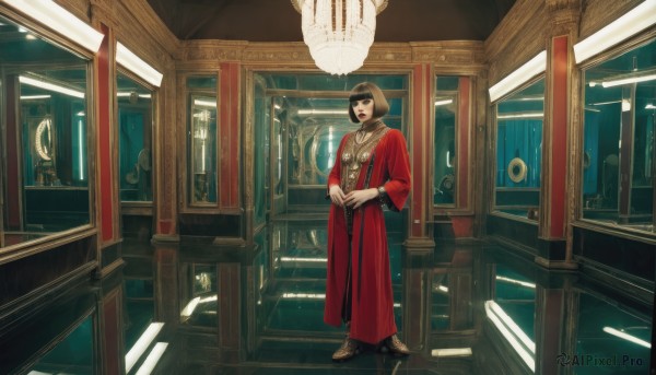 1girl,solo,looking at viewer,smile,short hair,open mouth,bangs,brown hair,black hair,long sleeves,1boy,dress,jewelry,standing,full body,male focus,boots,indoors,necklace,scarf,coat,makeup,brown footwear,red dress,bob cut,own hands together,lipstick,robe,stairs,red lips,red coat,brown eyes,window,scenery,door,wide shot,ceiling,ceiling light