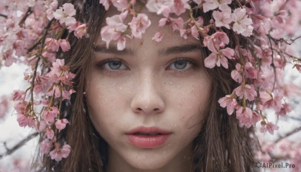 1girl, solo, long hair, looking at viewer, brown hair, flower, parted lips, teeth, blurry, lips, grey eyes, depth of field, cherry blossoms, portrait, close-up, freckles, realistic, nose, branch