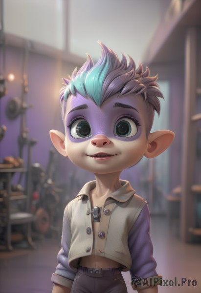 solo,looking at viewer,smile,short hair,open mouth,1boy,navel,blue hair,male focus,multicolored hair,teeth,pointy ears,indoors,blurry,vest,two-tone hair,blurry background,child,furry,furry male,male child,mohawk,blue eyes,brown hair,upper body,parted lips,midriff,artist name,watermark,web address