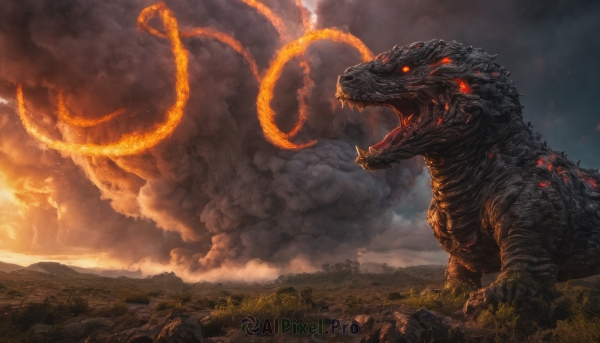 godzilla, open mouth, red eyes, tail, outdoors, sky, teeth, cloud, no humans, glowing, cloudy sky, fire, sharp teeth, glowing eyes, claws, monster, scales, destruction, kaijuu