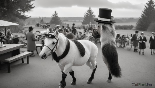 long hair,multiple girls,hat,monochrome,greyscale,outdoors,multiple boys,tree,6+girls,animal,table,sunglasses,ground vehicle,instrument,forest,6+boys,top hat,riding,horse,cane,horseback riding,bow,holding,sky,cloud,coat,bird,umbrella,formal,cloudy sky,suit,goggles,motor vehicle,road,crowd,people,cow,cart