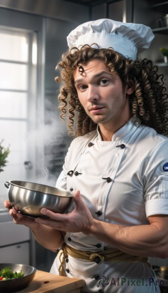 solo,long hair,looking at viewer,smile,brown hair,1boy,hat,holding,brown eyes,closed mouth,upper body,short sleeves,male focus,food,indoors,dark skin,blurry,black eyes,lips,window,buttons,blurry background,facial hair,white headwear,drill hair,steam,beard,bowl,curly hair,realistic,nose,cooking,kitchen,holding bowl,chef hat,chef,soup,apron,stubble,arm hair