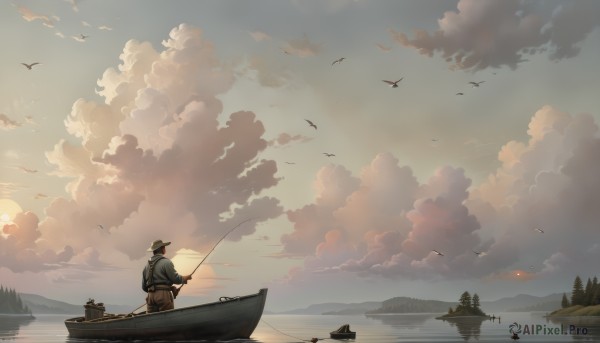 solo,1boy,hat,holding,male focus,outdoors,japanese clothes,sky,pants,cloud,water,from behind,tree,bird,ocean,animal,cloudy sky,scenery,sunset,mountain,sun,watercraft,boat,fishing rod,fishing,sitting,nature,forest,reflection,ambiguous gender,lake,flock