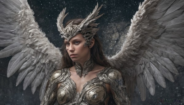 1girl,solo,long hair,breasts,blue eyes,brown hair,medium breasts,upper body,wings,armor,lips,facial mark,helmet,feathers,head wings,shoulder armor,feathered wings,snow,angel wings,breastplate,snowing,realistic,white wings,angel,valkyrie