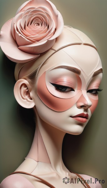 1girl,solo,looking at viewer,short hair,hair ornament,collarbone,upper body,flower,parted lips,hair flower,black eyes,lips,eyelashes,makeup,mask,rose,lipstick,portrait,pink flower,eyeshadow,nose,red lips,pink rose,domino mask,brown hair,closed mouth,artist name,hair bun,half-closed eyes,single hair bun,mascara