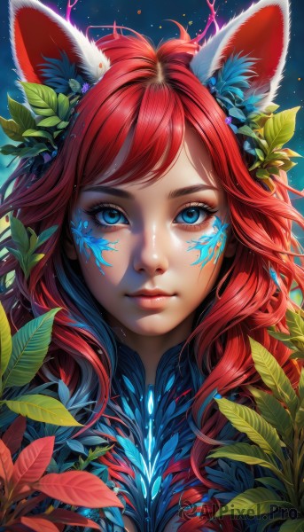 1girl,solo,long hair,looking at viewer,bangs,blue eyes,hair ornament,animal ears,closed mouth,upper body,flower,red hair,artist name,hair flower,lips,fox ears,eyelashes,makeup,glowing,leaf,facial mark,plant,portrait,nose,mascara,rabbit ears,swept bangs,lipstick,light particles,pink lips,facepaint