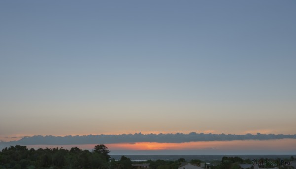 outdoors,sky,cloud,tree,blue sky,no humans,building,nature,scenery,forest,sunset,mountain,horizon,house,evening,landscape,mountainous horizon,gradient sky,orange sky,hill,ocean,plant