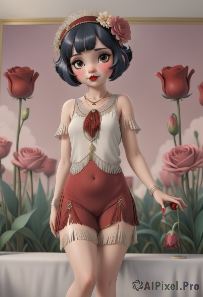 1girl,solo,breasts,looking at viewer,blush,short hair,bangs,black hair,hair ornament,dress,navel,holding,bare shoulders,brown eyes,jewelry,underwear,standing,panties,flower,hairband,small breasts,food,pussy,sleeveless,hair flower,necklace,nail polish,bracelet,lips,see-through,loli,covered navel,makeup,fruit,rose,table,lipstick,red flower,red nails,pink flower,red rose,red lips,smile,skirt,shirt,closed mouth,collarbone,white shirt,artist name,indoors,dark skin,blunt bangs,blurry,dark-skinned female,fingernails,feet out of frame,red skirt,bob cut,plant,multicolored clothes,freckles,knees together feet apart,pink rose,fringe trim