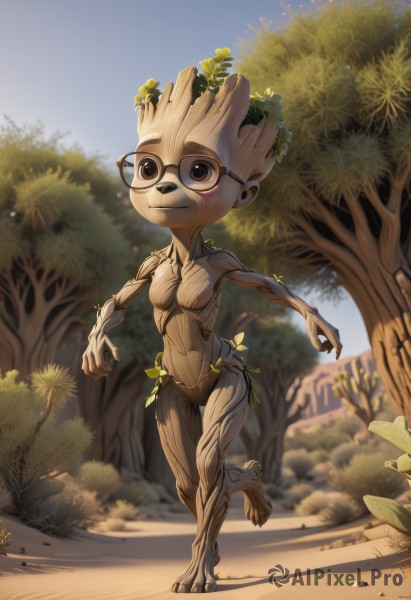 solo,looking at viewer,smile,1boy,brown eyes,closed mouth,standing,full body,male focus,outdoors,sky,glasses,day,artist name,blurry,tree,blue sky,no humans,blurry background,leaf,standing on one leg,plant,nature,furry,walking,running,mushroom,colored skin,bush,alien