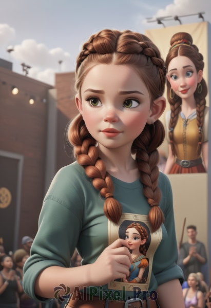 1girl,long hair,breasts,blush,smile,blue eyes,multiple girls,brown hair,shirt,holding,2girls,brown eyes,jewelry,closed mouth,green eyes,upper body,braid,short sleeves,earrings,outdoors,parted lips,sky,solo focus,day,belt,artist name,cloud,blurry,twin braids,blue sky,lips,looking to the side,depth of field,blurry background,looking away,building,hair over shoulder,forehead,sleeves rolled up,freckles,realistic,nose,green shirt,red lips,brown belt,photo (object),print shirt,hair pulled back,poster (object),cameo,solo,1boy,dress,multiple boys,hair bun,buckle,doll