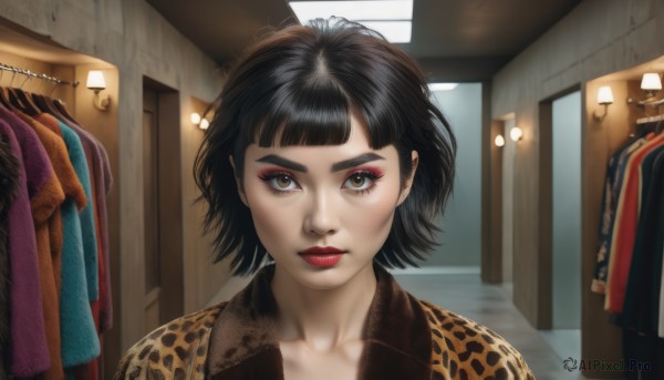 1girl,solo,looking at viewer,short hair,bangs,shirt,black hair,brown eyes,closed mouth,collarbone,jacket,upper body,indoors,blunt bangs,lips,eyelashes,makeup,thick eyebrows,lipstick,animal print,portrait,eyeshadow,realistic,nose,red lips,eyeliner,mascara,leopard print,clothes hanger,door