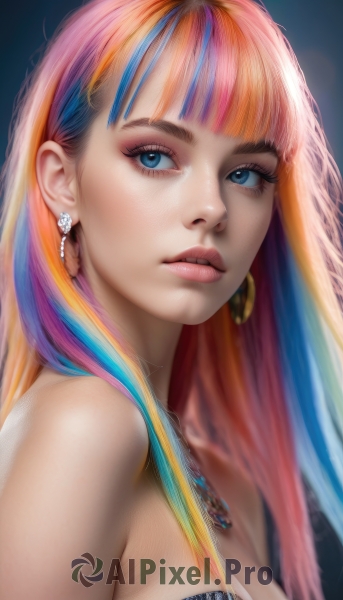 1girl,solo,long hair,breasts,looking at viewer,bangs,blue eyes,blonde hair,cleavage,bare shoulders,jewelry,medium breasts,blue hair,upper body,pink hair,multicolored hair,earrings,parted lips,blunt bangs,necklace,orange hair,two-tone hair,lips,streaked hair,eyelashes,strapless,makeup,blue background,eyeshadow,freckles,realistic,nose,mascara,rainbow hair,artist name,blurry,from side,looking to the side,watermark,portrait,web address