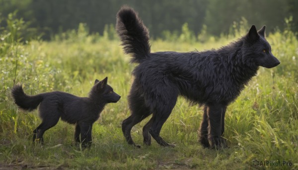 closed mouth,standing,tail,yellow eyes,flower,outdoors,day,blurry,from side,orange eyes,no humans,profile,depth of field,blurry background,animal,cat,grass,nature,realistic,animal focus,wolf,black fur,signature,tree,forest,black cat