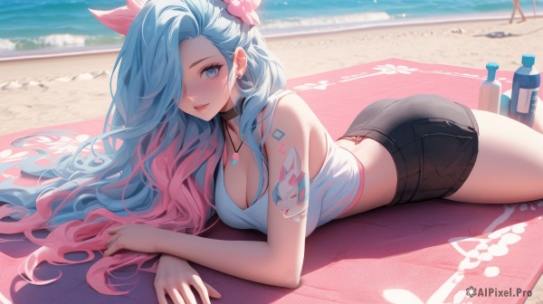 1girl,solo,long hair,breasts,looking at viewer,blush,smile,blue eyes,large breasts,shirt,hair ornament,cleavage,bare shoulders,jewelry,medium breasts,very long hair,closed mouth,blue hair,white shirt,pink hair,ass,flower,white hair,thighs,multicolored hair,earrings,outdoors,lying,shorts,sleeveless,choker,day,midriff,virtual youtuber,hair flower,water,necklace,hair over one eye,two-tone hair,lips,streaked hair,crop top,bare arms,short shorts,sleeveless shirt,tattoo,gradient hair,ocean,halterneck,wavy hair,black choker,beach,black shorts,bottle,on stomach,towel,pink flower,sand,hair behind ear,arm tattoo,water bottle,beach towel,bangs,collarbone,parted lips,tank top,camisole,pendant,white tank top