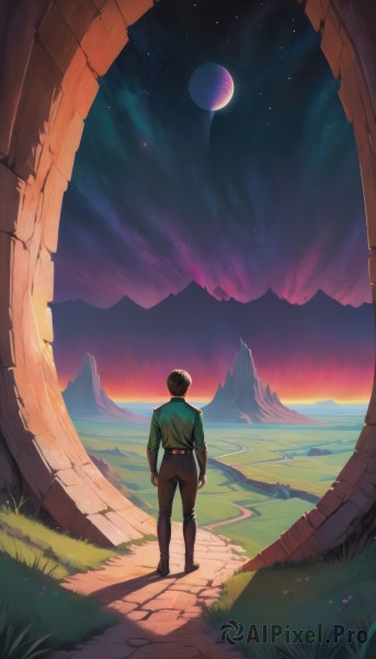 A charming sunset outdoors featuring a male