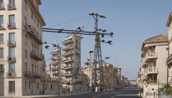 outdoors,sky,day,tree,blue sky,no humans,window,bird,ground vehicle,building,scenery,motor vehicle,city,sign,road,cityscape,house,power lines,lamppost,street,utility pole,town,balcony,crosswalk,real world location,flying,car,traffic light,vanishing point