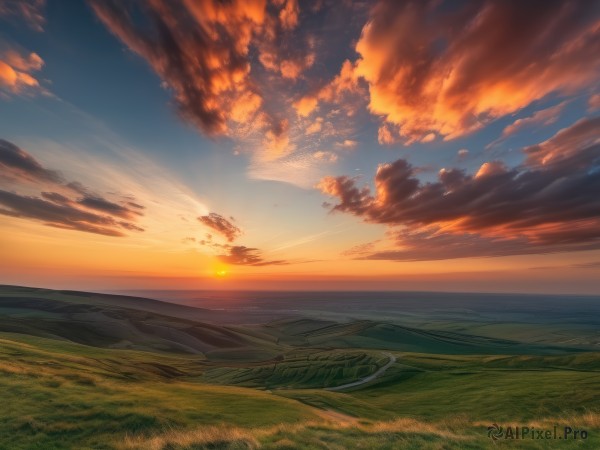 outdoors,sky,cloud,water,blue sky,no humans,ocean,sunlight,cloudy sky,grass,scenery,sunset,mountain,sun,horizon,road,field,landscape,mountainous horizon,hill