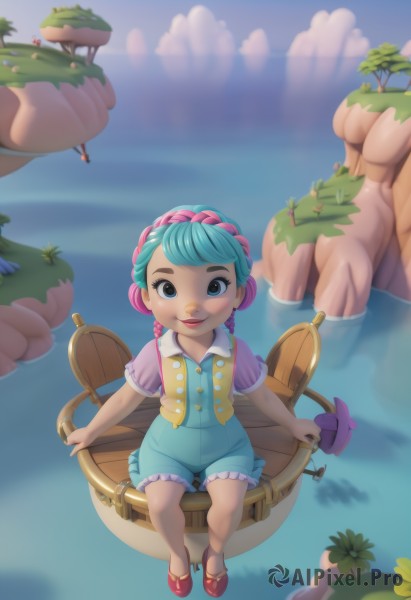 1girl,solo,looking at viewer,smile,short hair,blue eyes,brown eyes,sitting,blue hair,full body,pink hair,braid,short sleeves,multicolored hair,outdoors,sky,shoes,solo focus,cloud,water,vest,twin braids,two-tone hair,tree,lips,aqua hair,red footwear,child,watercraft,open mouth,1boy,hairband,shorts,from above,thick eyebrows